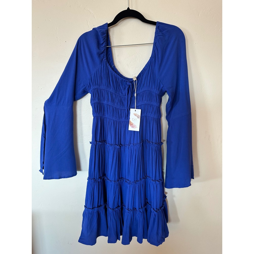 NWTChelsea & Violet Cobalt Blue Smocked Tiered Mini Dress Bell Sleeve V3485SKP M